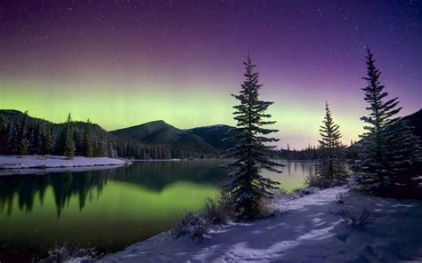 Download Wallpapers Winter Northern Lights Snow Night Lake
