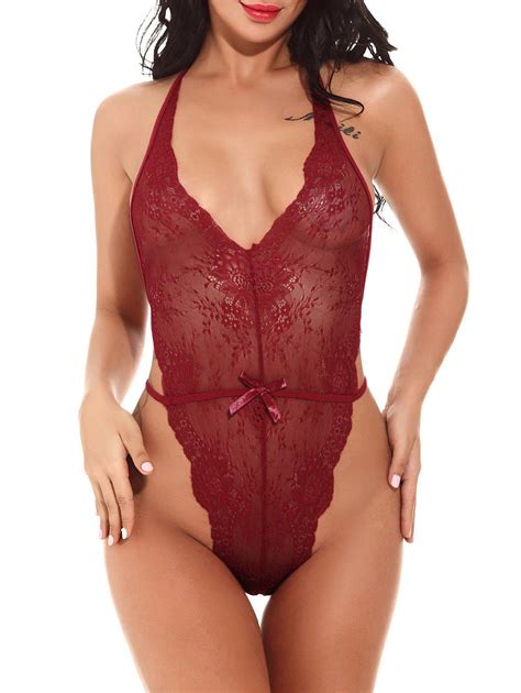 See Through Halter Lace Teddy In Wine Red L Rosegal Com