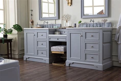 D bath vanity in dove grey with a cultured marble vanity top in white with white sink. 94" De Soto Silver Gray Double Sink Bathroom Vanity