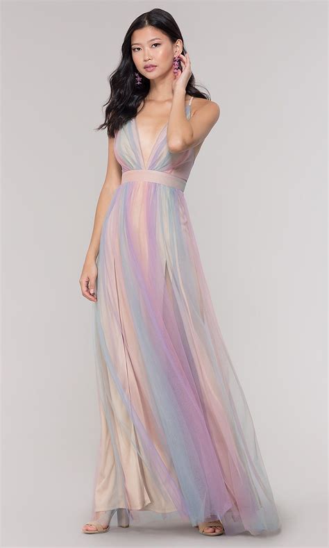 Open Back Long Pastel V Neck Prom Dress Rainbow Prom Dress Pastel