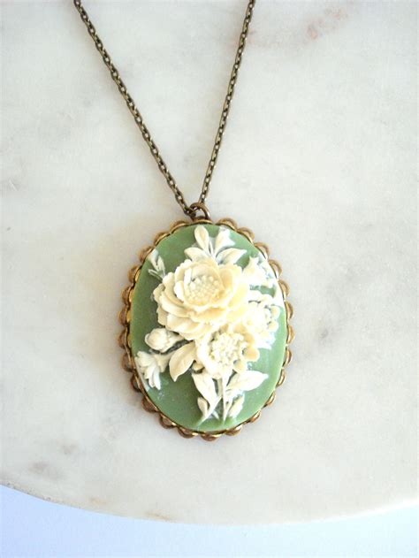 Vintage Green Floral Cameo Pendant Antiqued Rose Necklace Etsy