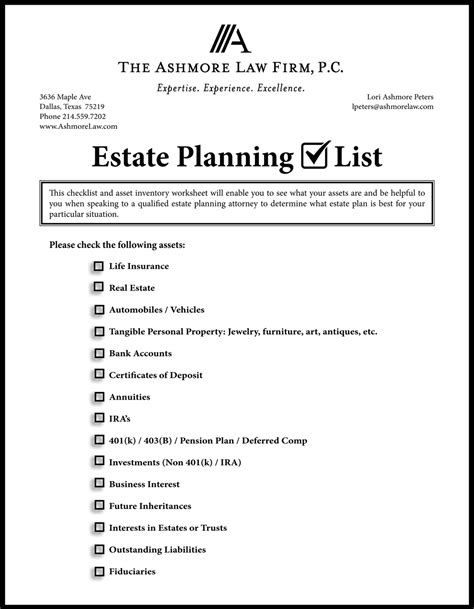 Estate Planning Checklist And Asset Inventory Worksheet The Ashmore
