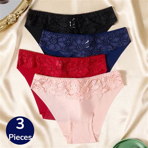 giczi 3pcs women s panties set elegant lace underwear exquisite silk satin woman briefs sexy