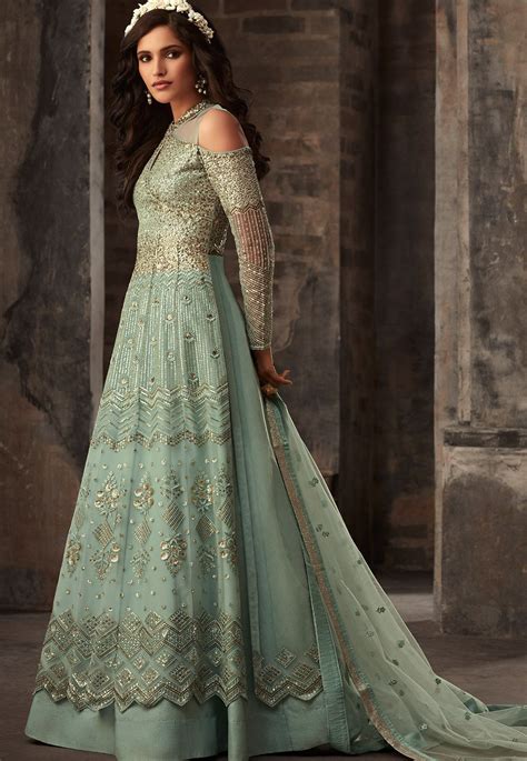 Blue Net Embroidered Designer Anarkali Suit 33007