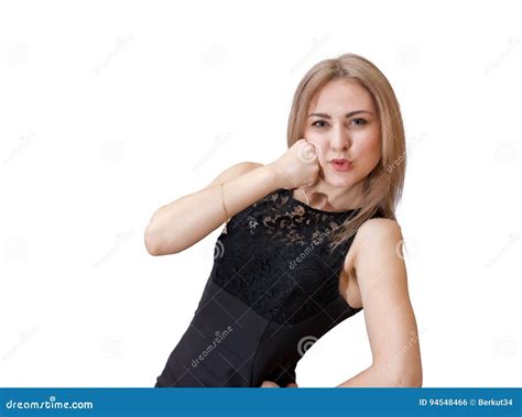 Young Woman Showing How Can Take A Punch Leaning Fist To Her Face Stock