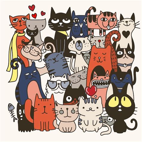 Premium Vector Funny Hand Drawn Cats Animals Illustration With