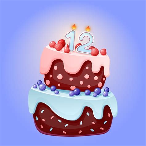 Premium Vector Cute Cartoon 12 Year Birthday Festive Cake With Candle