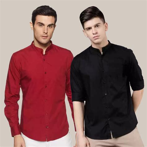 Buy Slim Fit Solid Chinese Collar Casual Shirt Red And Black Combo Of 2