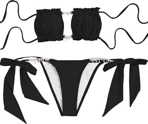 Shein Womens 2 Piece Bandeau Bathing Suit Frill Trim Tie Side Bikini Swimsuit Amazonca