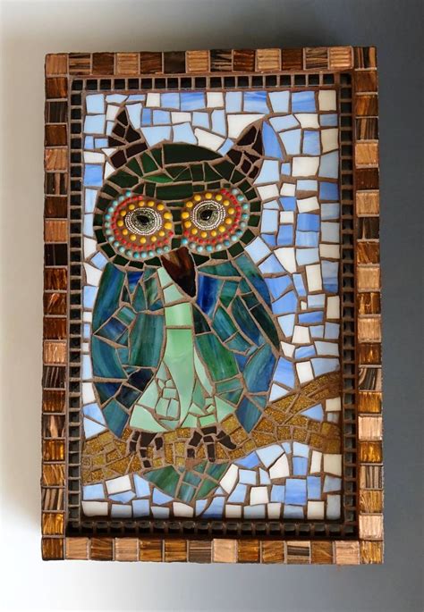 Mosaic Owl Mosaic Tiles Spectrum Glass Glass Beads Wooden Base