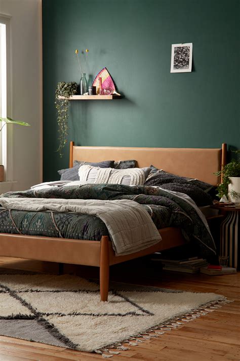 Styled with a custom gallery wall with black and look through sage green bedroom and pictures in different colors and styles and when you find some sage green bedroom. Huxley Recycled Leather Bed | Green bedroom walls, Leather bed, Green master bedroom