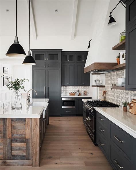 Black White And Wood Kitchen Black Kitchen Cabinets Black Pendants
