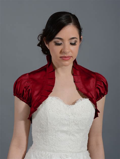 Complete your wedding look with a bolero jacket or wedding shawl to go with your perfect wedding dress. Wine Red short sleeve wedding satin bolero jacket