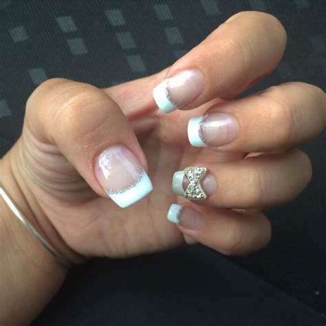 French Manicure With Silver Line And Bow Silver Line Cute Nail Designs