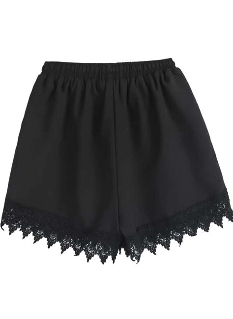 Black Elastic Waist Contrast Lace Chiffon Shorts Sheinsheinside
