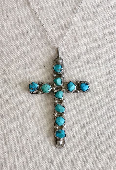 Large Turquoise Cross Pendant Sterling Silver Vintage Patina Native