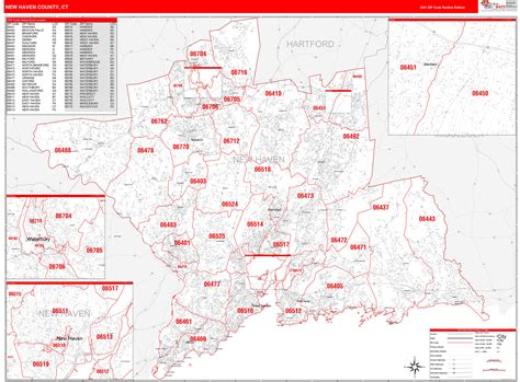 new haven county ct zip code wall map red line style by marketmaps mapsales