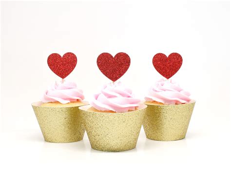 Heart Cupcake Toppers Red Glitter First Birthday Party Etsy