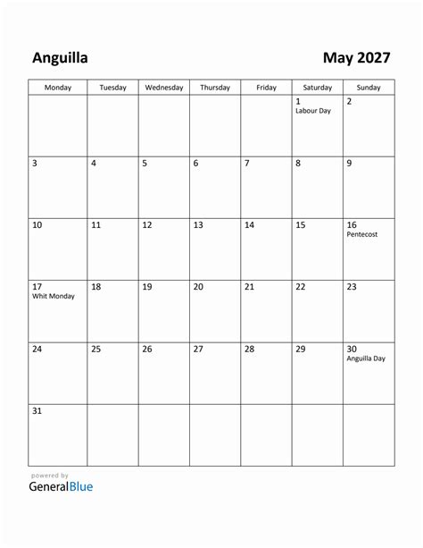 Free Printable May 2027 Calendar For Anguilla