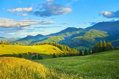 Mountain Summer Landscape With Wooded Green Hills Beautiful Sunny