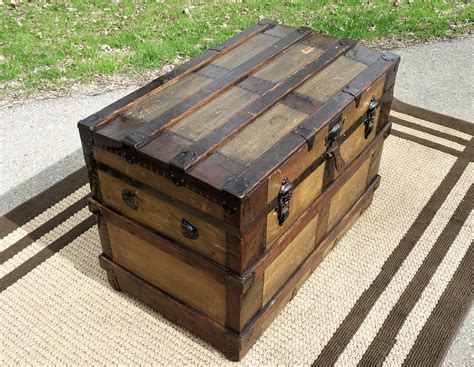 Antique Steamer Trunk 1880s Canvas And Wood Wooden Coffee Table