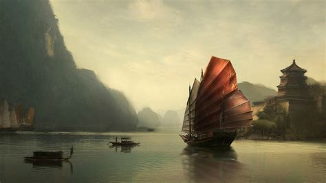 Wallpaper Sunlight Boat Sailing Ship Fantasy Art Sunset Sea Bay
