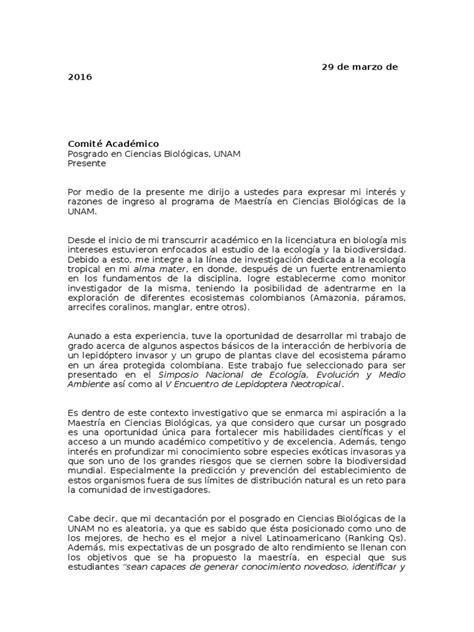 Carta Motivación Aspirante Facultad De Ciencias Unam Ecología