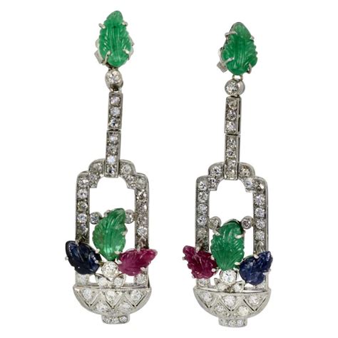 Tutti Frutti Style Rubies Emeralds Gold Diamonds Engraved Jades Dangle
