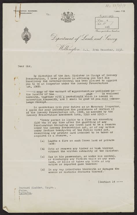Letter From Department Of Lands And Survey Wellington To Bernard