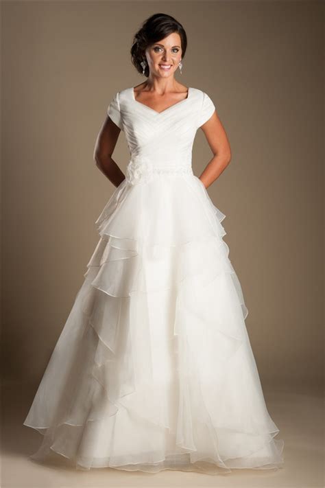Plus size a line wedding dress. Modest A Line Cap Sleeve Organza Ruffle Layered Wedding ...