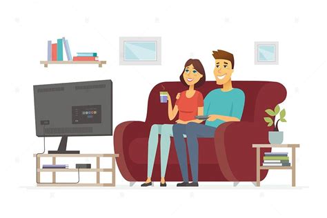 Couple Watching Tv Vector Illustration In 2020 Cartoon