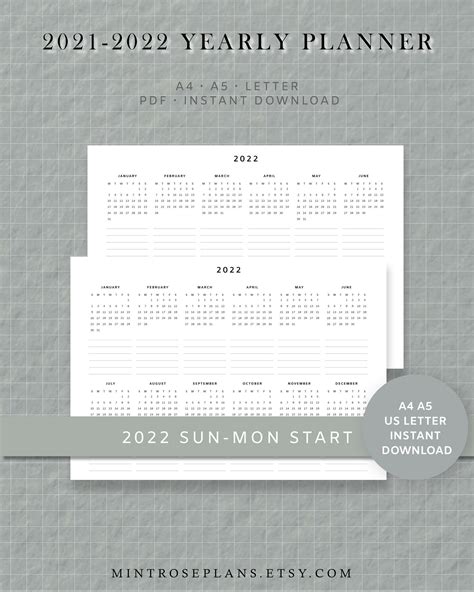 Simple 2021 2022 Year At A Glance Printable Digital Yearly Etsy