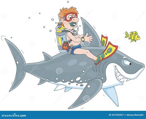 Funny Scuba Diver Riding A Great White Shark Stock Vector