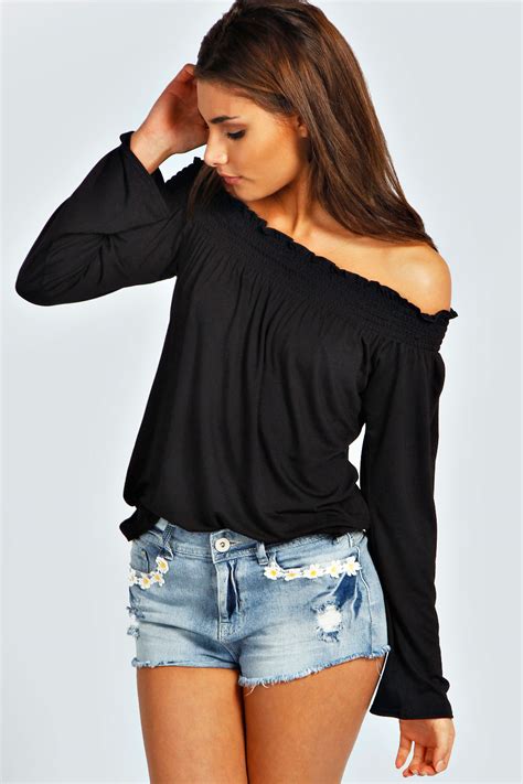 boohoo womens ladies kylie shirred off the shoulder top long sleeve blouse ebay
