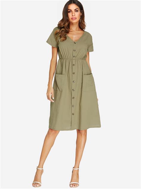 Army Green V Neck Short Sleeves Stretch Waistband Dress With Side