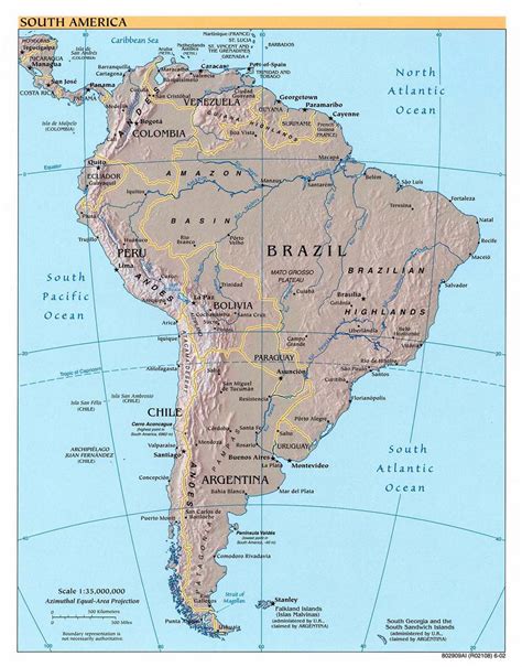 Large Detailed Political Map Of South America With Relief 2002