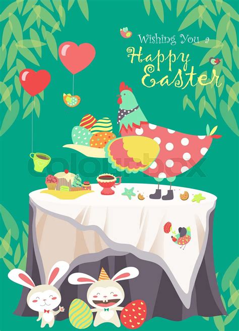 Easter Bunnieschicken And Easter Eggs Stock Vector Colourbox