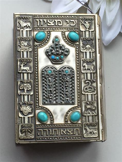 Antique Silver Plated Jewish Hebrew Bible With Turquoise Tanakh