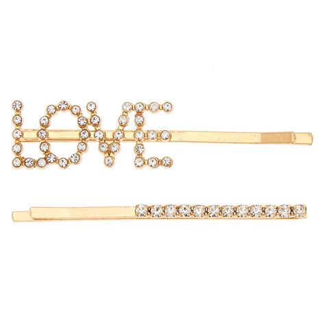 Gold Love Crystal Hair Pins 2 Pack Claires Us