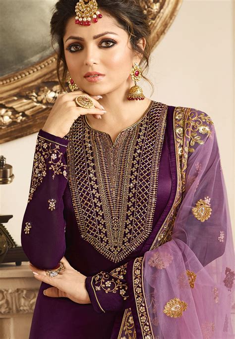 Drashti Dhami Purple Satin Georgette Embroidered Churidar Suit 3206