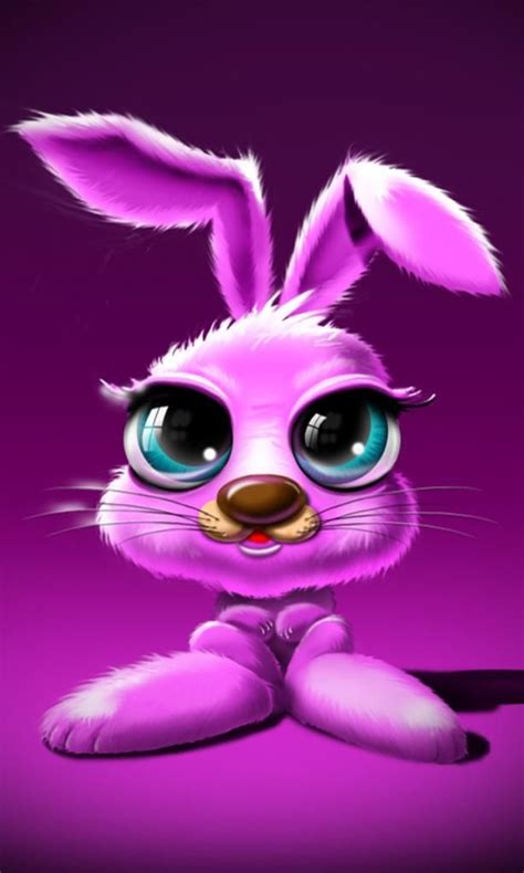 a pink bunny with big eyes sitting in front of a purple background and looking at the camera