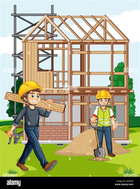 Cartoon Scene Of Building House Construction Site Illustration Stock