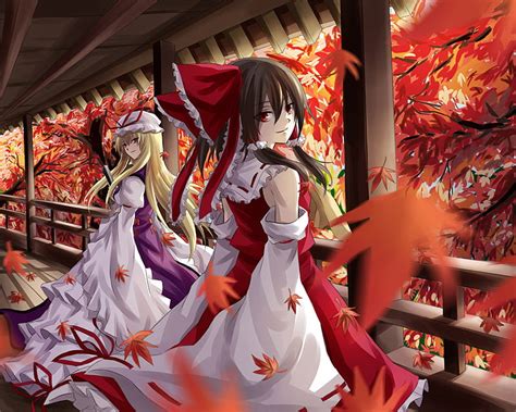 Shrine Maiden Red Eye Dress Autumn Hakurei Reimu Bows Leaves Duo