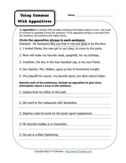 Commas With Appositives Free Printable Punctuation Worksheets