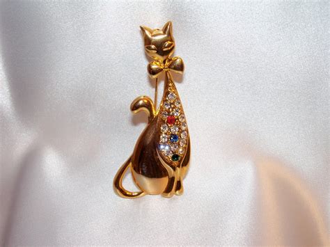 Vintage Golden Christmas Cat Brooch With By Ricksiconicsvintage