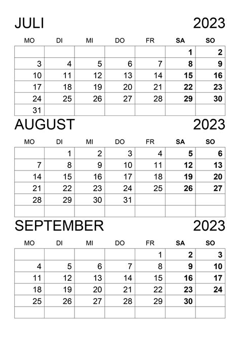 Kalender Juli August September 2023 Kalendersu