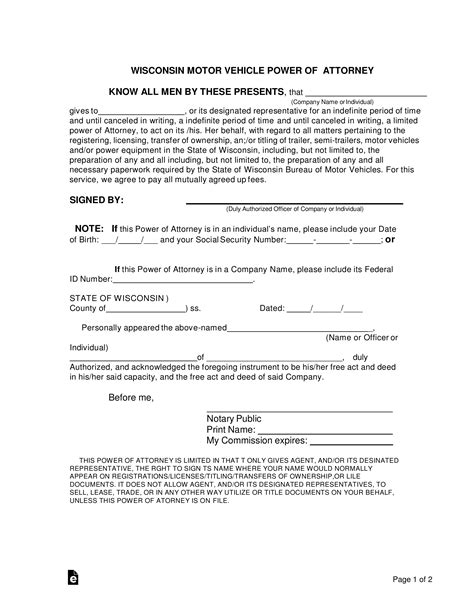 Free Wisconsin Motor Vehicle Power Of Attorney Form Word Pdf Eforms