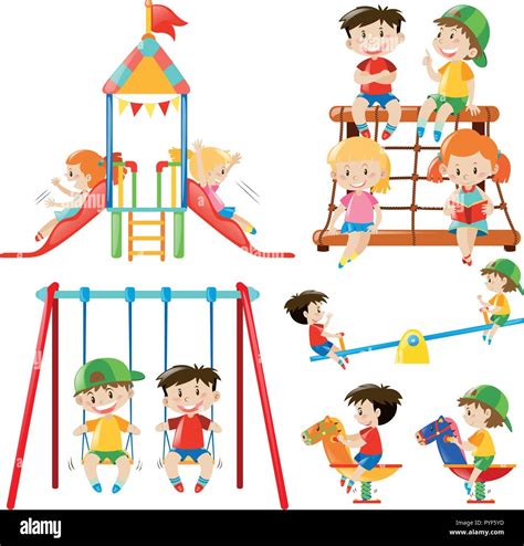 Many Children Playing In Playground Illustration Stock Vector Image