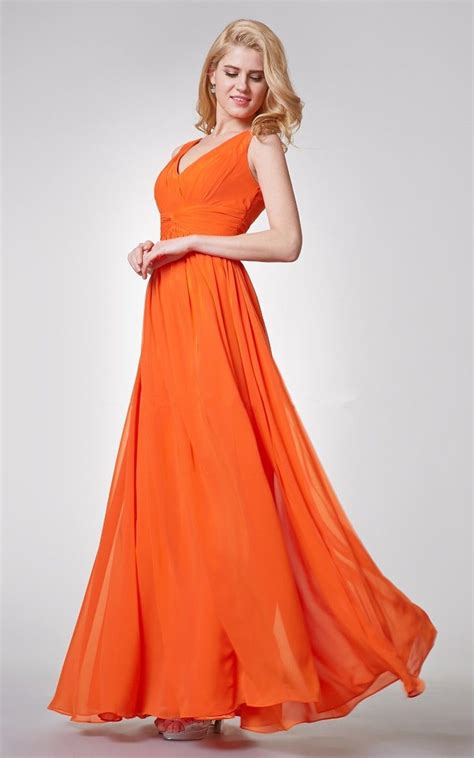 On Sale Orange Bridesmaid Dresses With Chiffon A Line V Neck Floor Length Ruffles Cheap Orange