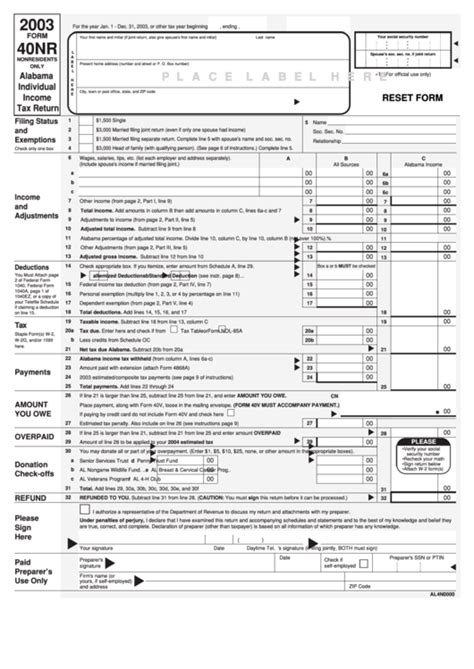 Fillable Form 40nr Alabama Individual Income Tax Return 2003